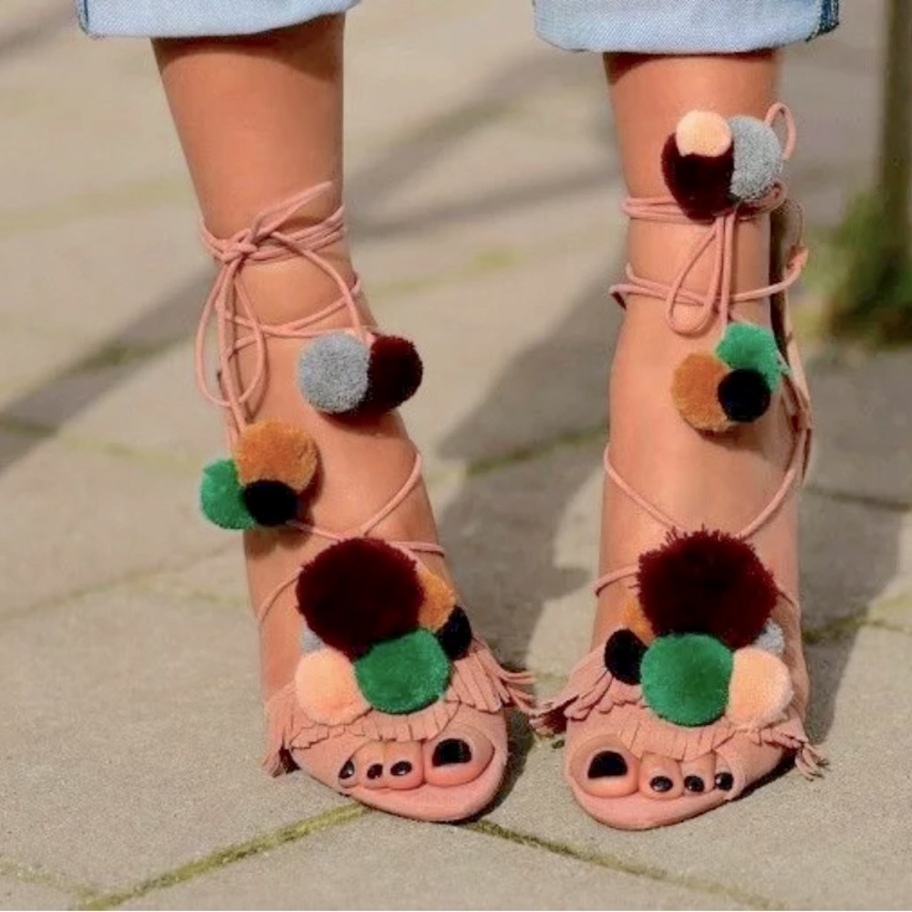 ZARA Suede Leather High Heel Lace Up Sandals With Pompoms